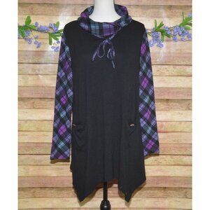 Bulotus Black & Purple Plaid Tie Up Cowl Neck Thin Knit Shirt Top Size XL Tunic
